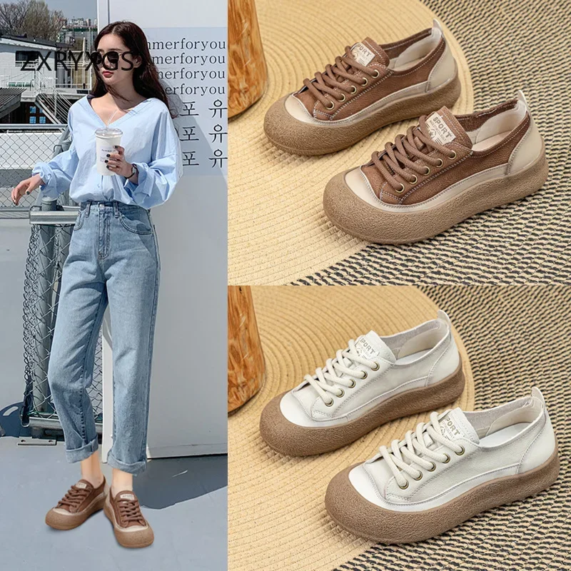 ZXRYXGS Top Layer Cowhide Single Shoes Women Sneakers 2024 New Lace Up Real Leather Sneakers Platform Increase Trend Shoes