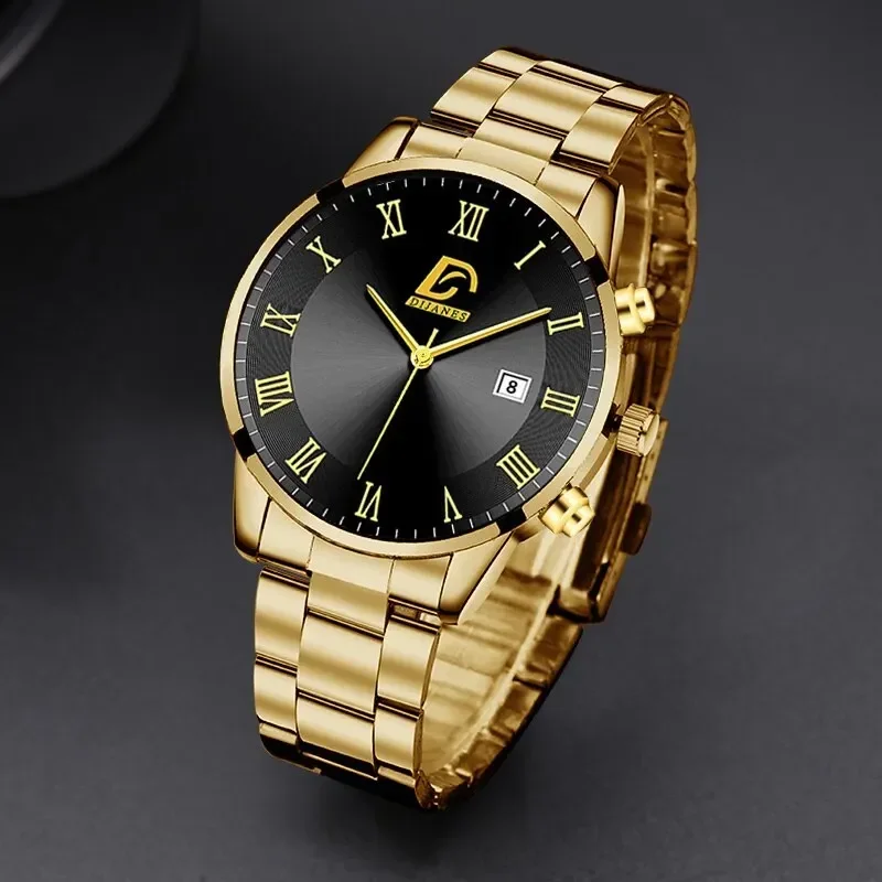 2023 Fashion Men Gold Stainless Steel Watch Luxury Calendar Quartz Wrist Watch Mens Business Watches for Man Clock Reloj Hombre