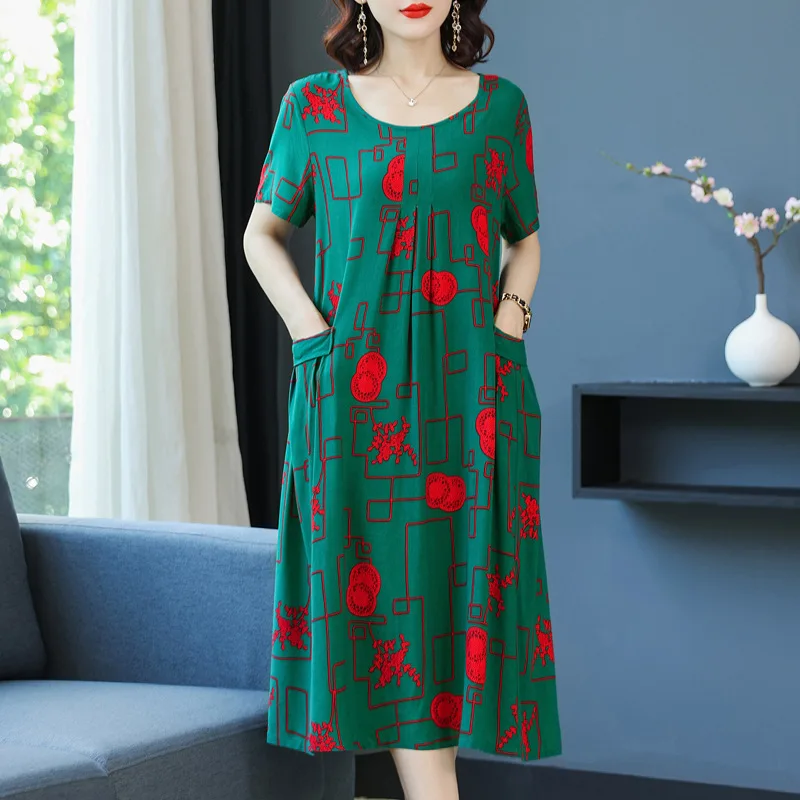 

Stylish Midlife Mom Summer Cotton Silk Dress plus Size Middle-aged Women's Long Dress Cleanfit Loose Style Regular Sleeve