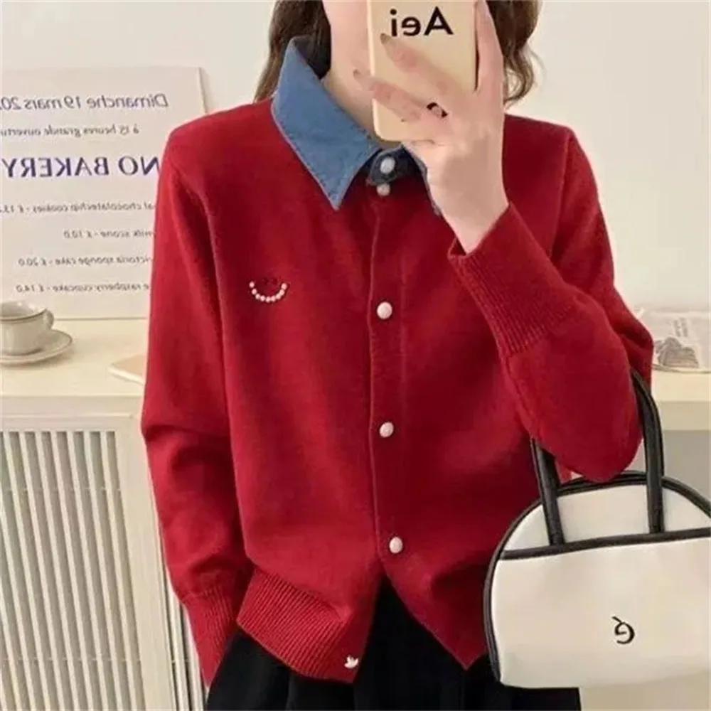 

Spring Autumn Korean Denim Lapel Stitching Fake Two-Piece Sweater Women's Cardigans Temperament All-Match Sweater Ladies Sweater