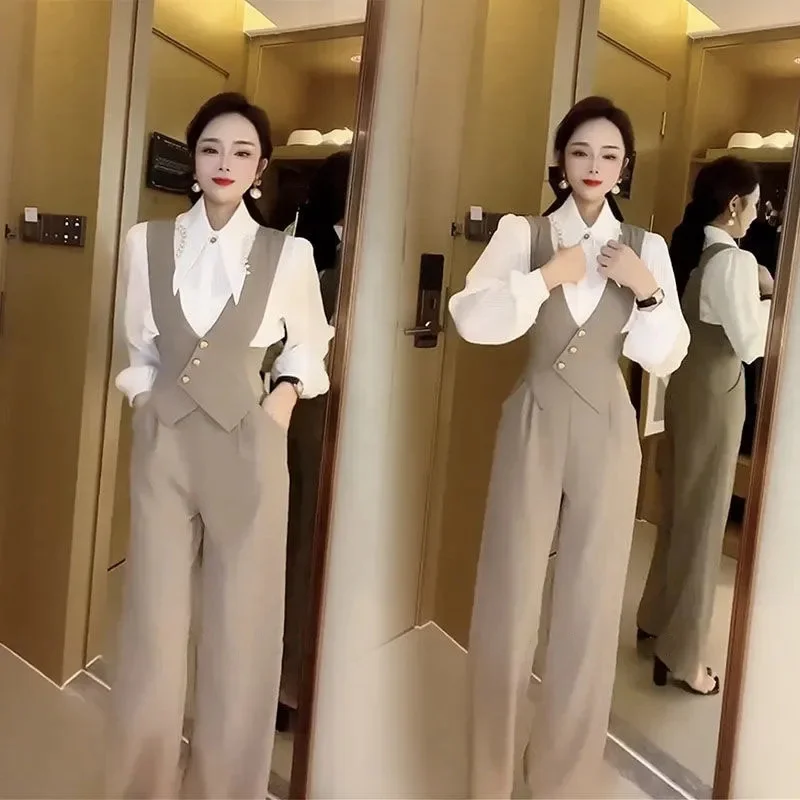 Netizen Spring New Fashion Set Women\'s Dingzhu Long sleeved ShirtButton Vest Suit Strap Pants Two Piece Set Stylish and Slim Fit