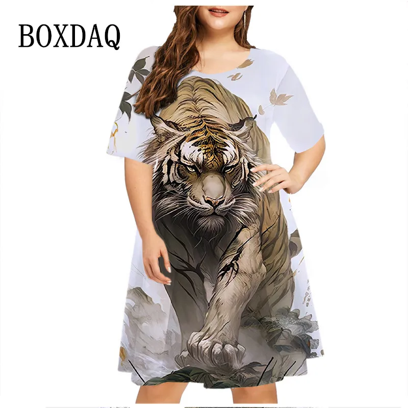 Tiger Pattern Dress Women Short-Sleeve 3D Print Mini Dress Casual Streetwear Fashion O-Neck Loose Plus Size Dresses 6XLClothing