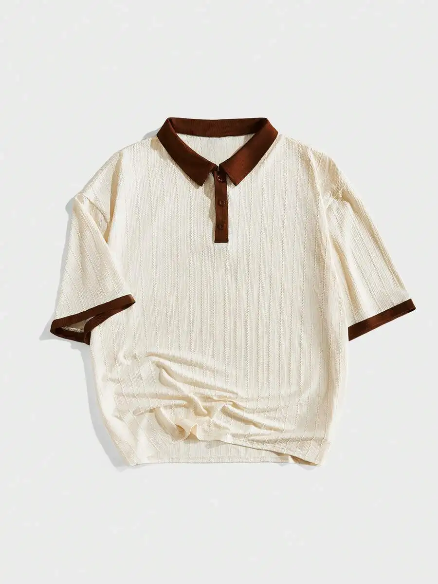 

Cream Ribbed Knit Polo Shirt with Brown Collar and Cuffs, Short Sleeve Casual Fit