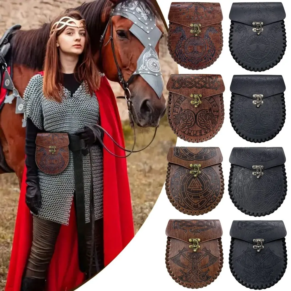 Medieval Viking Money Pouch Bag Cosplay Viking Knight Men Women Leather Drawstring Bag Coin Purse Halloween Costume Accessories