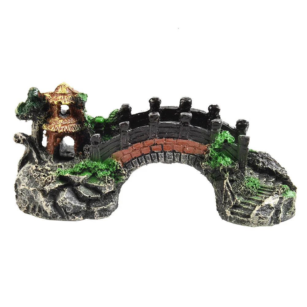 Bridge-Style Resin Aquarium Ornament with Pavilion and Tree Design to Support Natural Themes and Biological Filtration