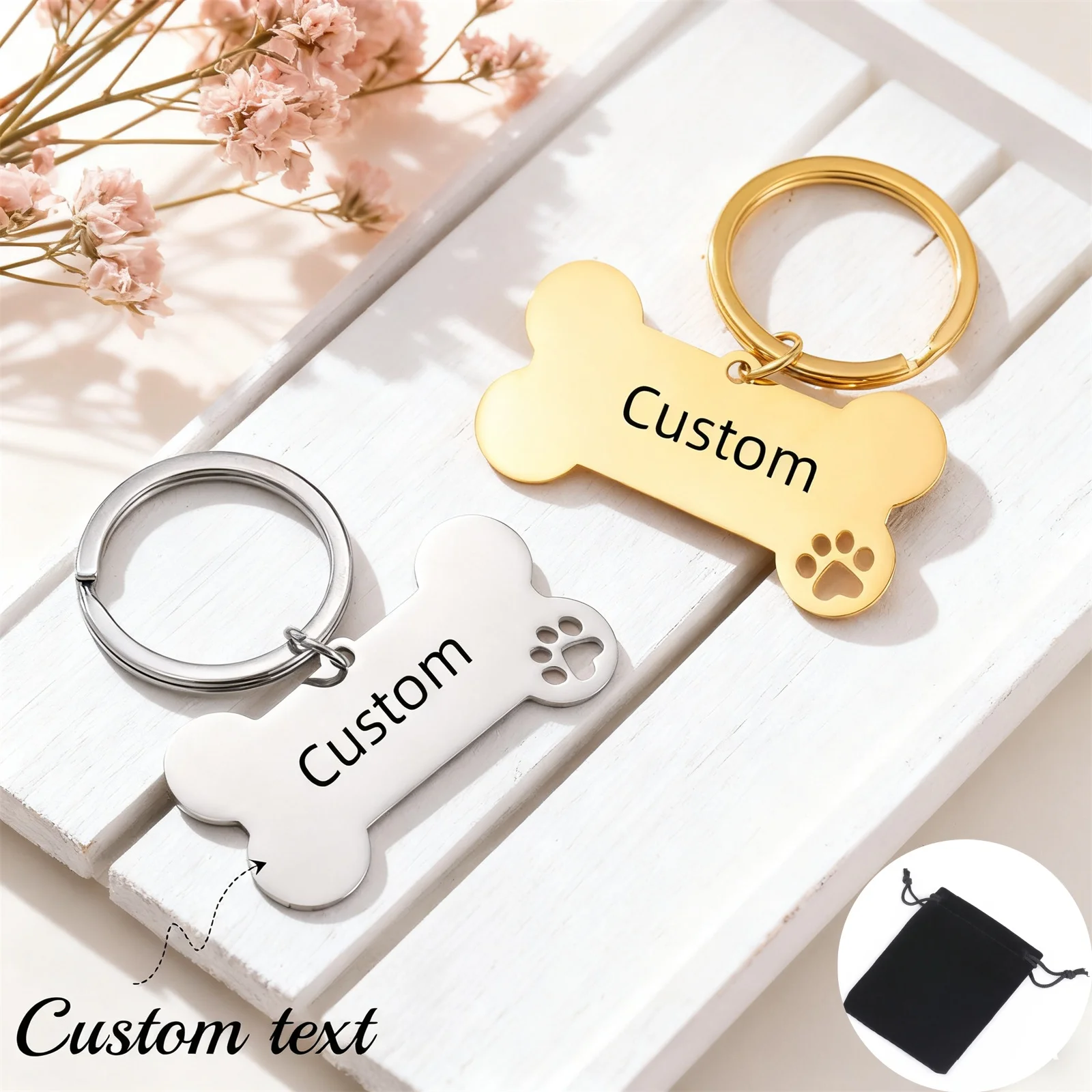 Customized pet name pattern number keychain stainless steel personalized dog ID tag dog footprint keychain customized dog gift