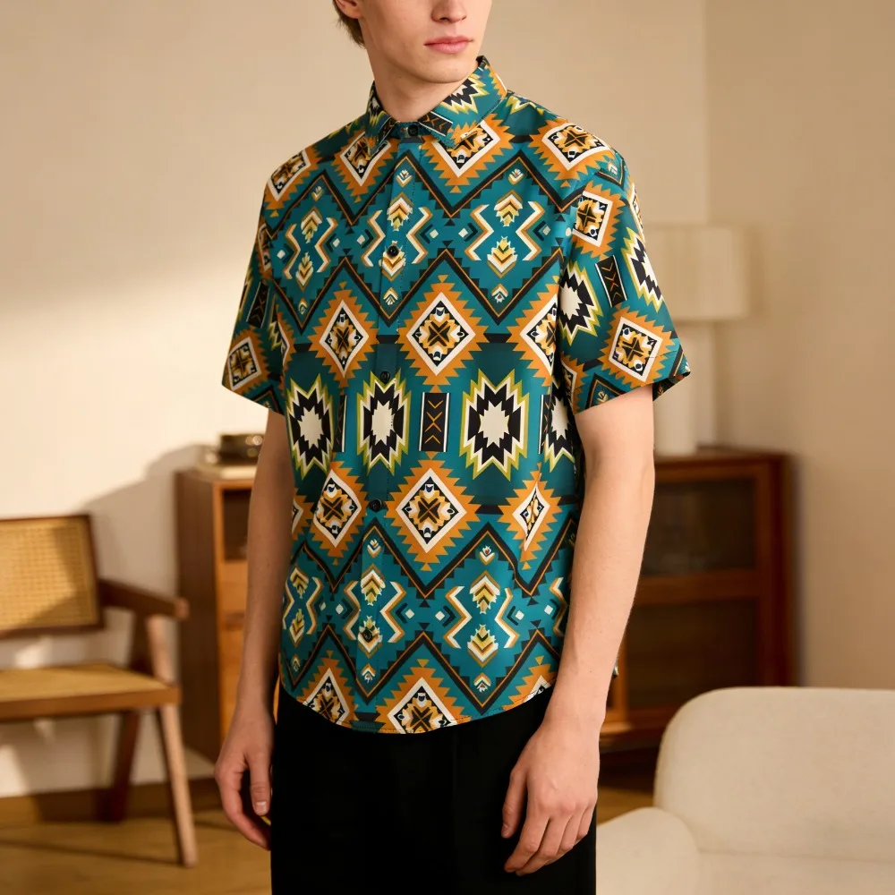 Men's Harajuku Streetwear Short Sleeve Loose Fit Button Down Shirt Tribal Geometric Print Oversized Casual Top for Urban Fashion