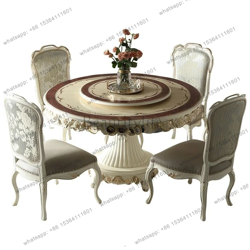 Palace French 1.4M round dining table and chairs combination beech pearlescent white with turntable dining table2005