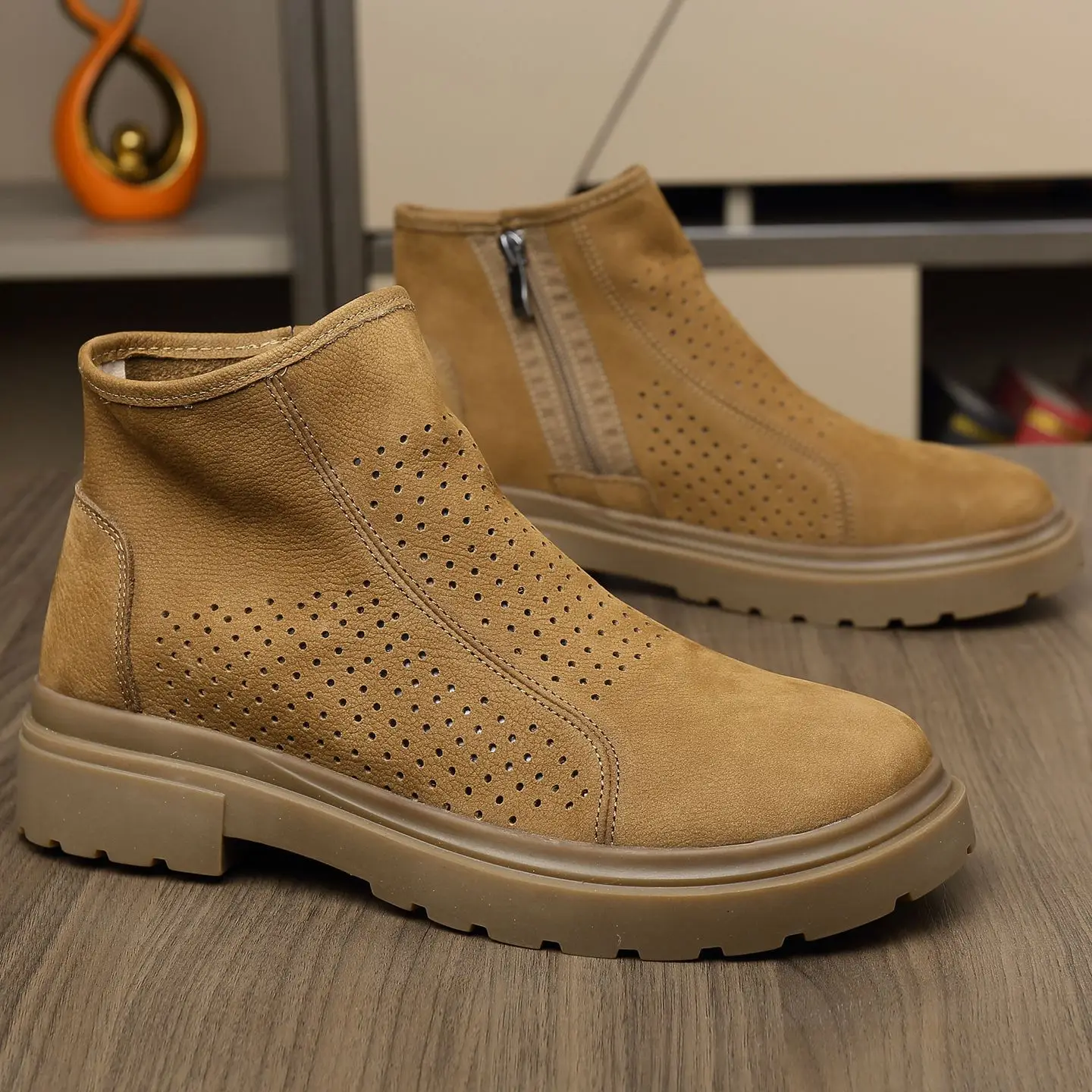 

High Top Genuine Leather Shoes Men Hollow Breathable Trendy Casual Luxury Boots Original Oxford Loafers Zipper Sneakers Summer