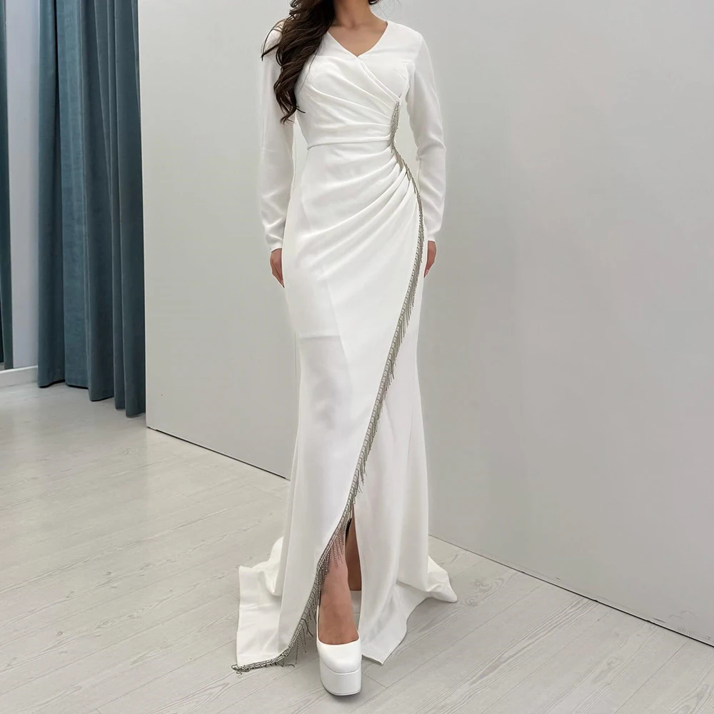 

Customized Mermaid Evening Dresses Floor-length V-neck Full Sleeve Prom Gown Fashion Sequined Pleat Simple Draped Party Gown