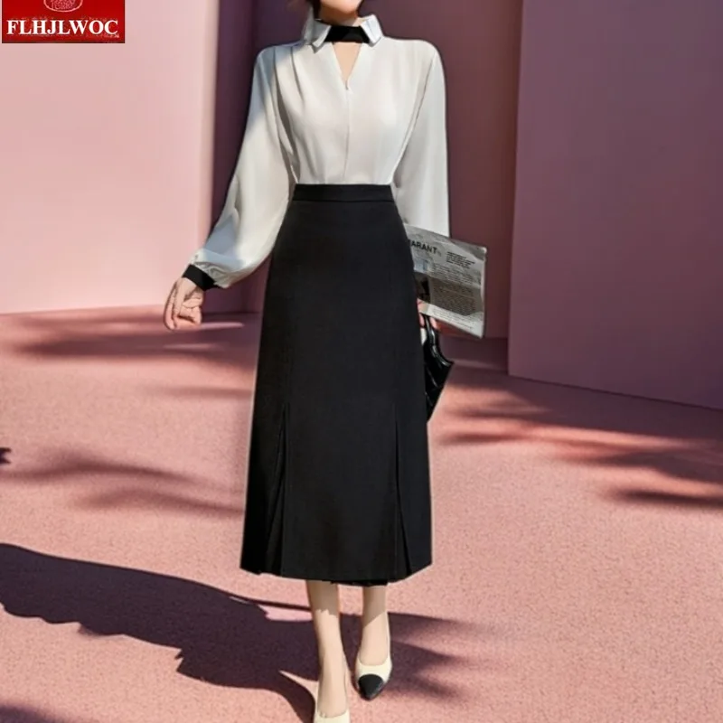 Hot Commuter OL Pleated Skirt Cute Girls Women Autumn Spring Elegant Solid Black Split High Waist Tunic Long Pencil Skirts O287