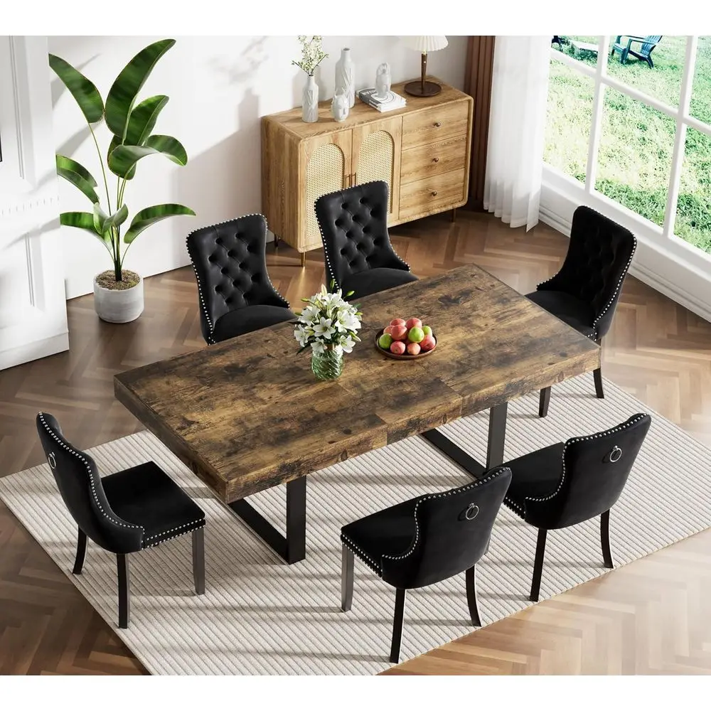 7-Piece Exble Dining Table Set or 6, 63-78 Inch Rustic Brown Kitchen Table Set with 6 Black Tuted Chairs armhouse Wood Expandabl