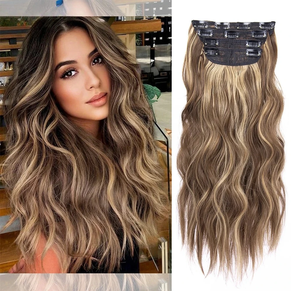 4Pcs/Set 20Inch Synthetic Hair Clip In Long Wavy Thick Hairpieces For Women Full Head Synthetic extenciones para el cabello