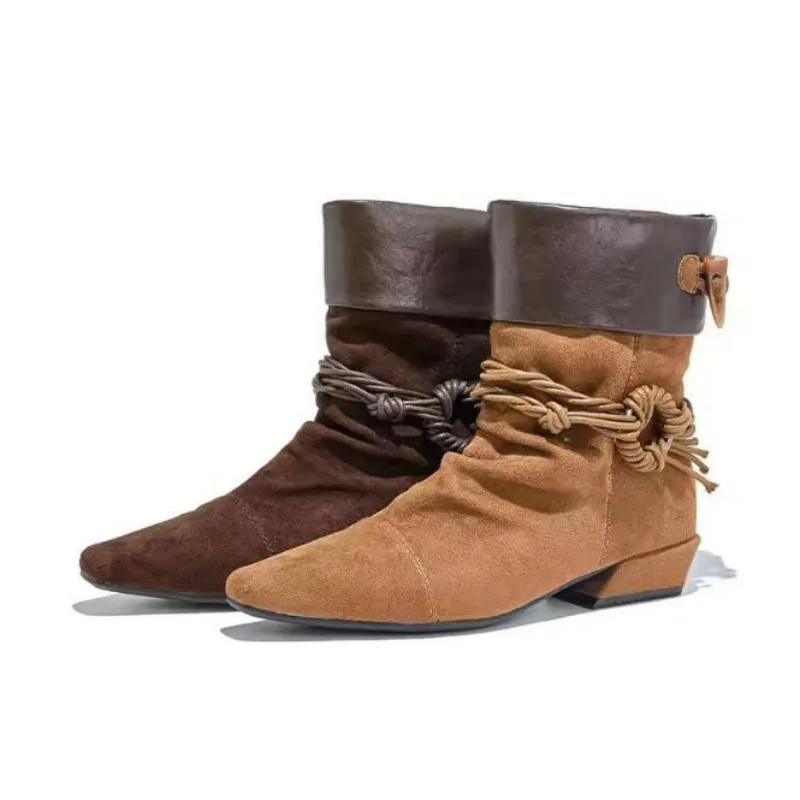 

Новинка 2023 года, женские ковбойские сапоги, плиссированные женские ботильоны с острым носком, винтажные мотоциклетные ботинки большого размера, женские