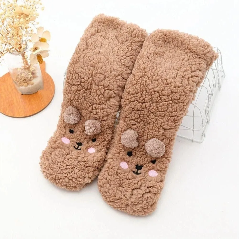 Bordado inverno meias de chão dos desenhos animados de pelúcia grosso meias térmicas tubo médio engrossar quente animal gráfico meias presentes