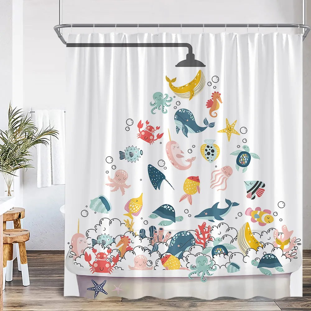 Funny Animal Cartoon Shower Curtain Ocean Life Dog Bathing Cat Kid Bathroom Decor Children Polyester Bath Curtain with Hooks