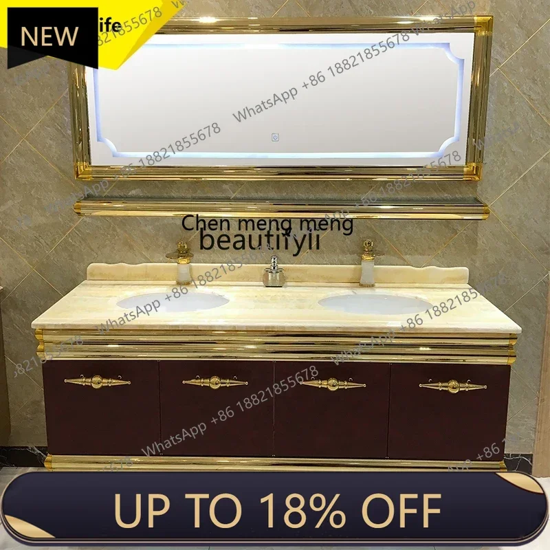 

P178 New Chinese Style Stainless Steel Bathroom Cabinet Washstand Natural Marble Light Luxury Washbasin Cabinet Set