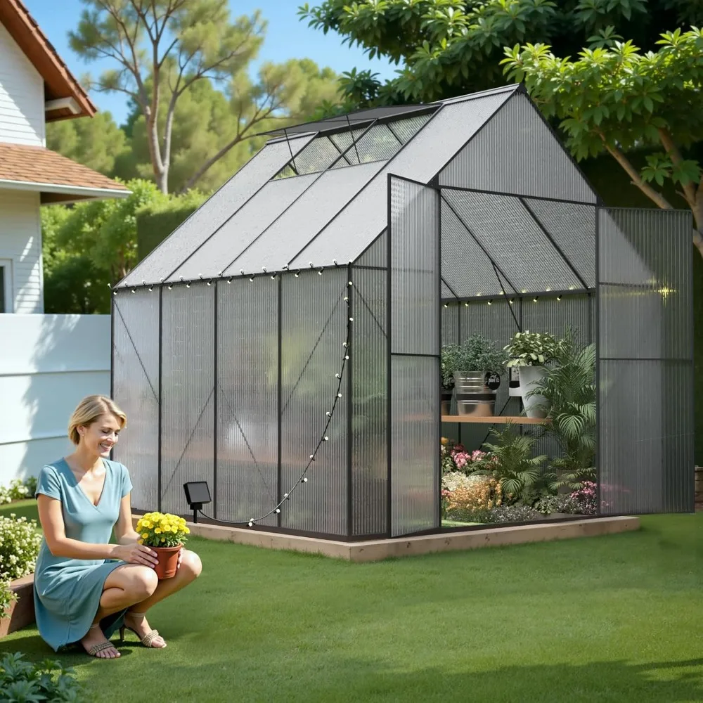 

Heavy duty polycarbonate greenhouse, large walk-in greenhouse with roof vents, aluminum greenhouse for gardens and backyards