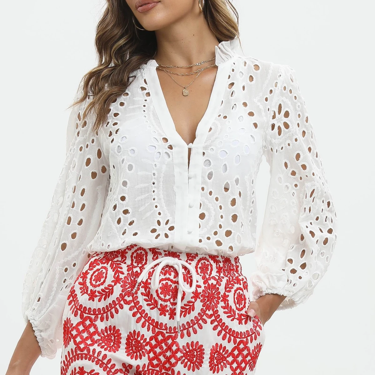 White Lace Shirt Eyelet Cutwork Ruffled Collar V-neck Hollow Out Embroidered Blouse Top Wear Spring Summer Women\'s Clothing