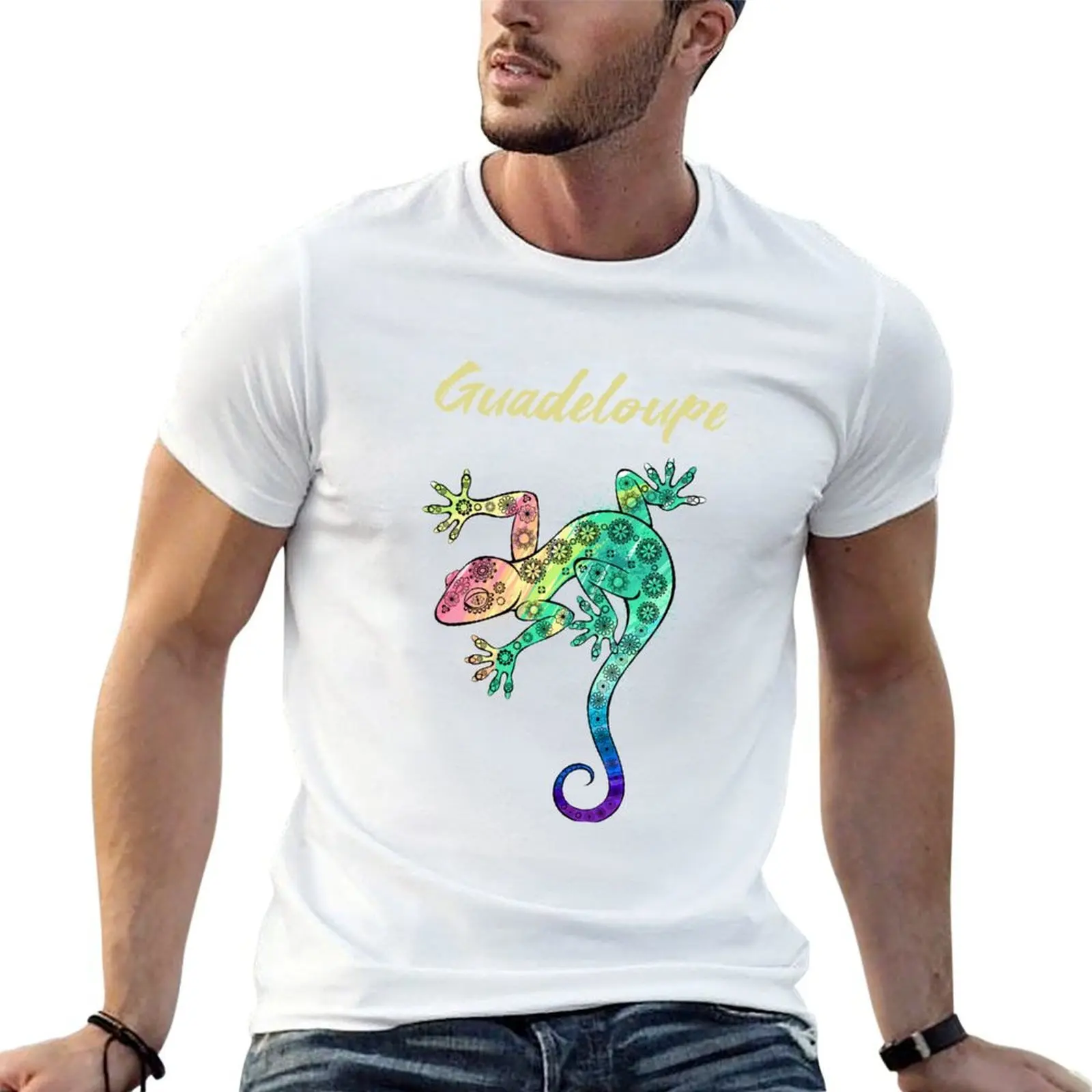 Guadeloupe Stylized Gecko T-Shirt street wear vintage clothes men graphic t shirts