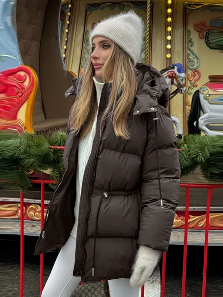 Bluza z kapturem, sznurkiem, dopasowana w talii, prosta parka, mały rozmiar, nowa moda, ciepła kurtka damska, krata, marszczenia, długi rękaw, luźna, miękka odzież śnieżna.