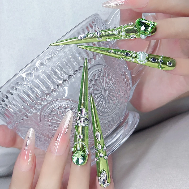 14 Piece（4 long+10 short ）Handmade Emerald Gem Littini Nail Set Shiny Luxe for Occasions (Better Than) Popular Kits