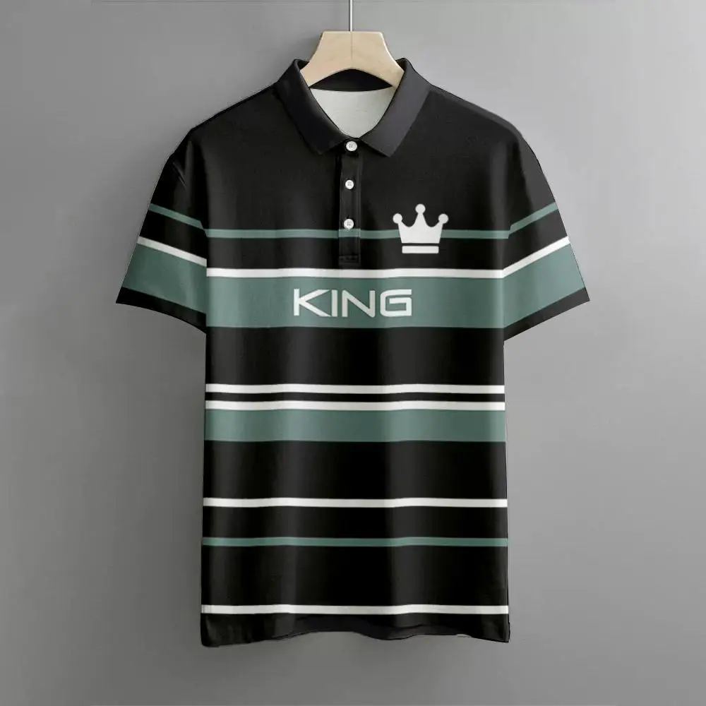 

Summer Men's Polo Shirt Business Casual Short Sleeves Tops Stripe Print Button Polo T Shirt Loose Clothing Fashion Golf T-Shirts