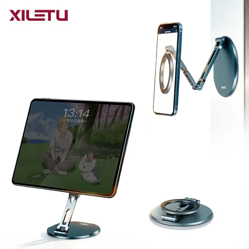 

Metal Magsafe Magnetic Phone Tablet Stand Holder, Foldable Dual Adsorption for iPad iPhone Portable Desktop Wall Vlog Live