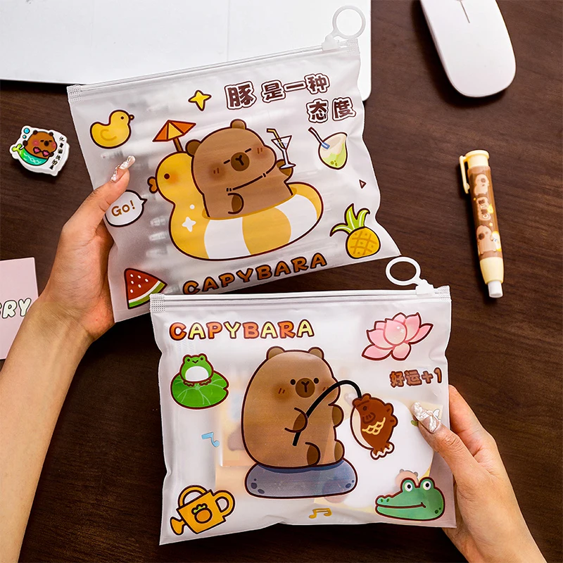 Transparent Waterproof Cartoon Cute Capybara File Bag Light Zipper File Bag Large Opening Portable Storage Bag School Supplies