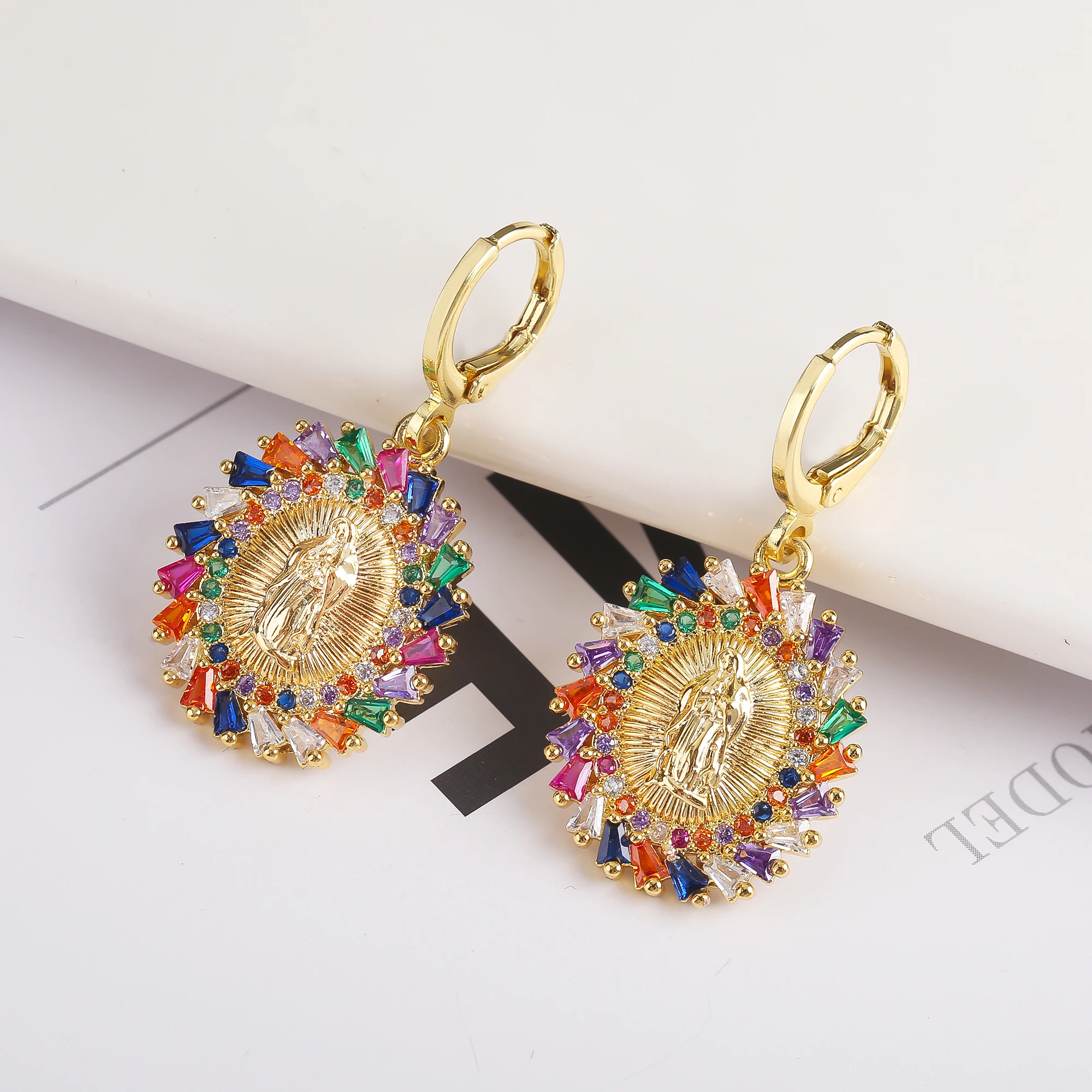 Zircon Colored Diamond Hot Selling High Quality 2PC Religious Buddhist Pendant Necklace Earrings Jewelry Set Women\'s Gold Plated