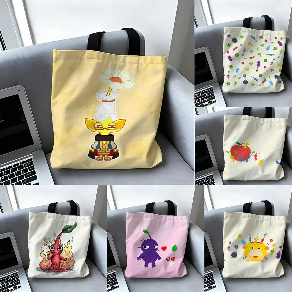 Cartoon Cute P-Pikmin Storage Bags Canvas Double-Sided Print Tote Bag Large Capacity Shoulder Fashion Shopping Handbag