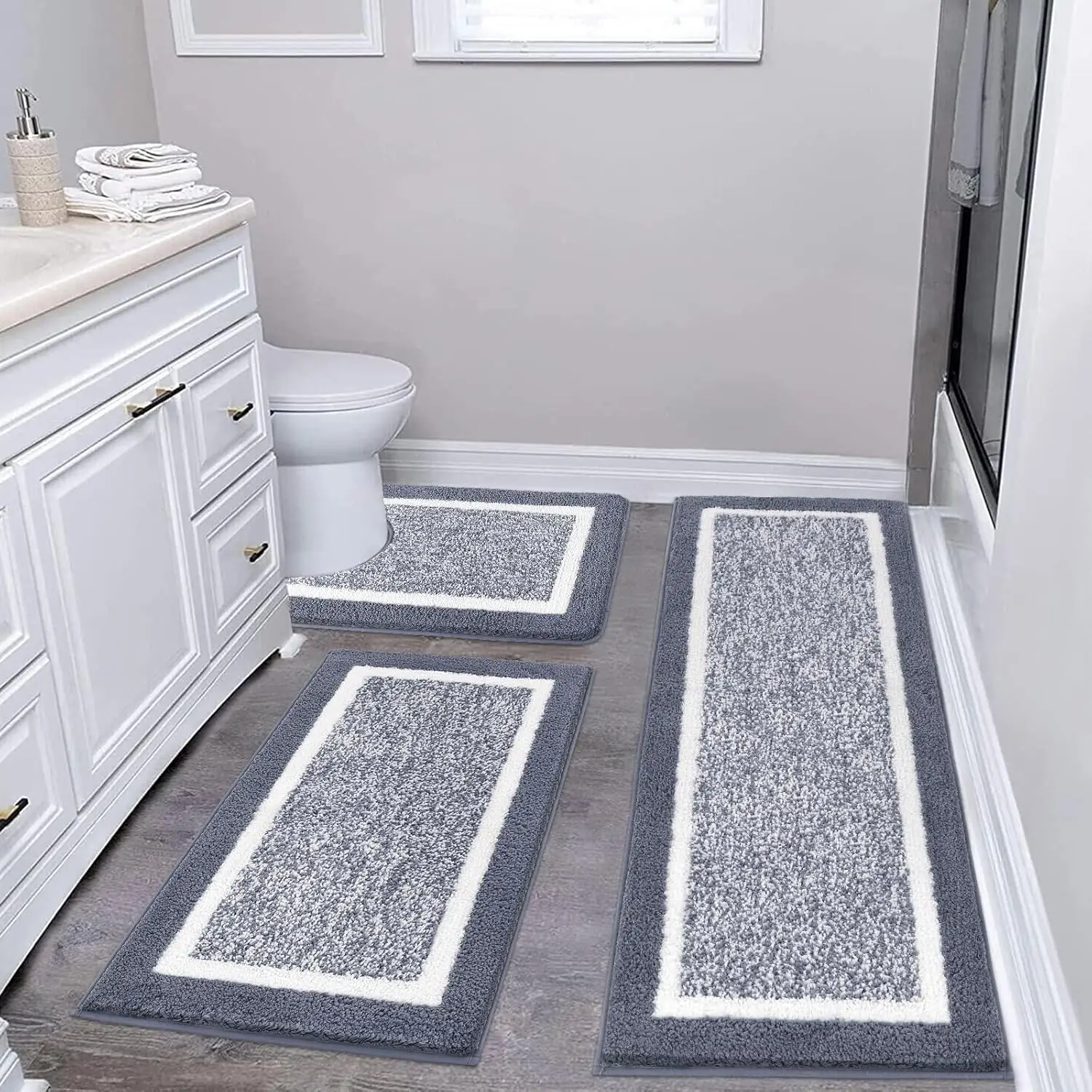 

3-Piece Ultra Soft Non-Slip Bathroom Rug Set, Microfiber Shaggy Mats with U-Shaped Toilet Cover for Tub and Shower in Dark Grey