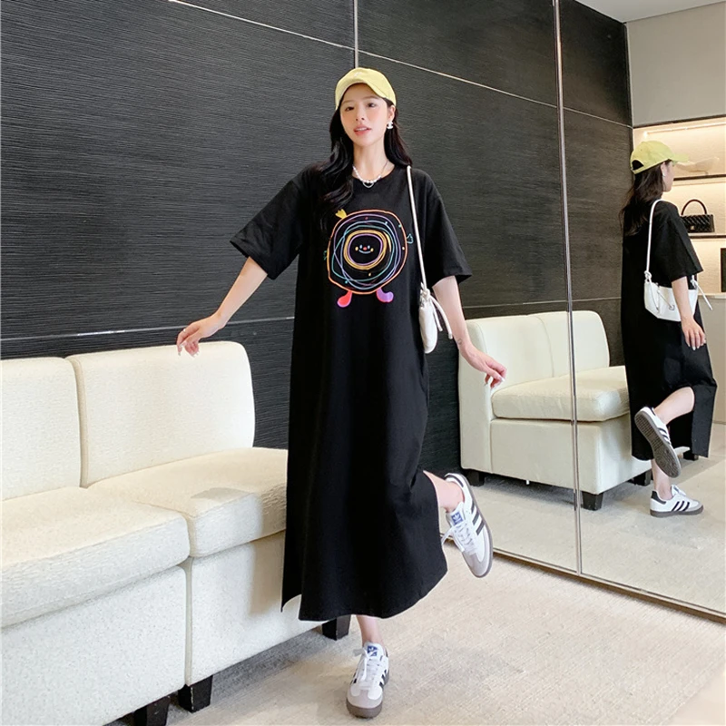 Plus Size Women's Dresses for 2024 Summer Cartoon Print Lady Loose Causal Vestidos Black Color Split T-Shirts Dress Female Robe