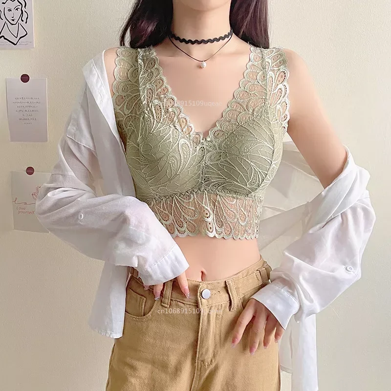 Women No Steel Ring Anti-glare Gathering Bottoming Vest Tube Top 2024 New Lace Wide Shoulder Straps Beautiful Back Bra Underwear