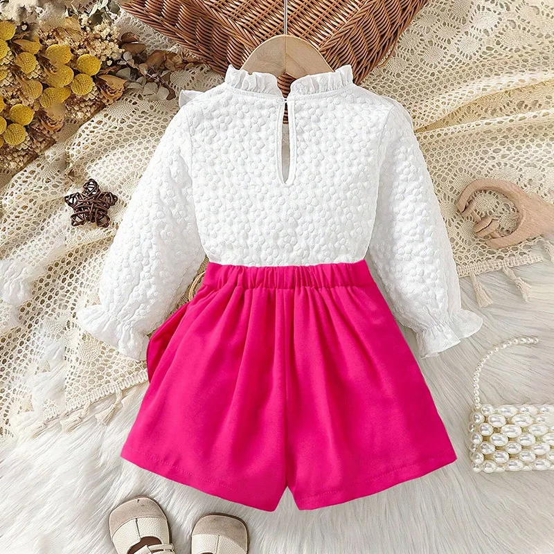 طقم مكون من قطعتين بياقة دانتيل بيضاء وأكمام طويلة مع فيونكة وردية هاكاما ملابس أطفال أنيقة ولطيفة على الموضة للأطفال فستان فتاة عادي #5