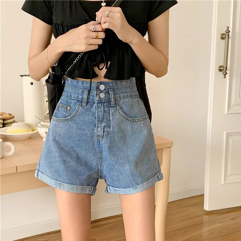 

2026 Summer High Street Girls Double Button Jeans Women Fashion High Waist Thin Short Lady Korean Solid Denim Shorts