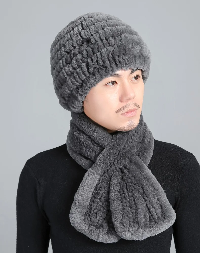 Real Rex Rabbit Fur Hat and Scarf Sets para homens, gorro quente, headwear, lenço, cinza, preto, azul, inverno