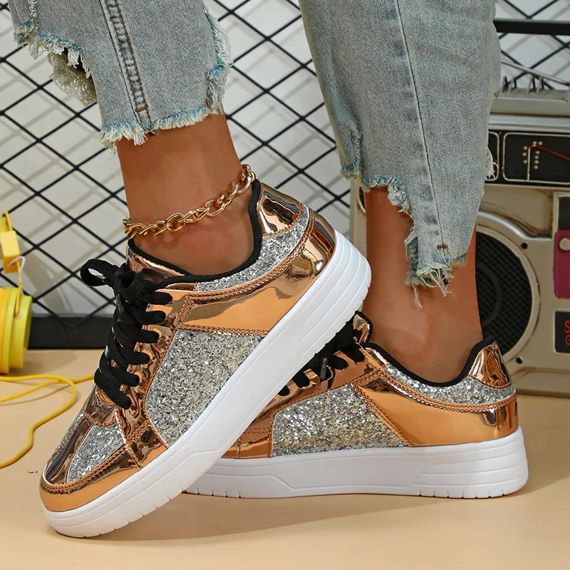 2025 new gold silver luminous glitter women platform casual sneakers outdoor trend lightweight skateboarding ladies footwear