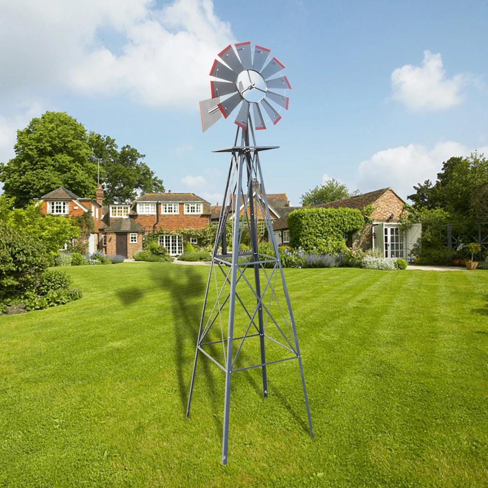 

8FT Weather Resistant Yard Garden Windmill Gray & Red