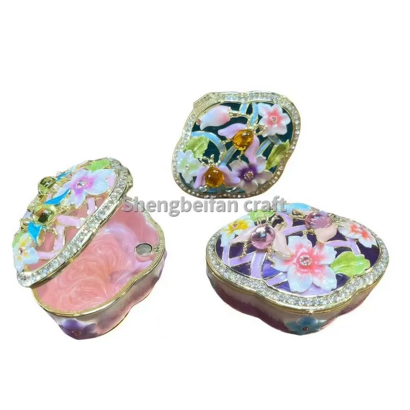 Metal Craft Enamel Ornament flower Jewelry Box Decoration Bithday Gift Trinket Box For Home Decor  Rings Earring Organizer