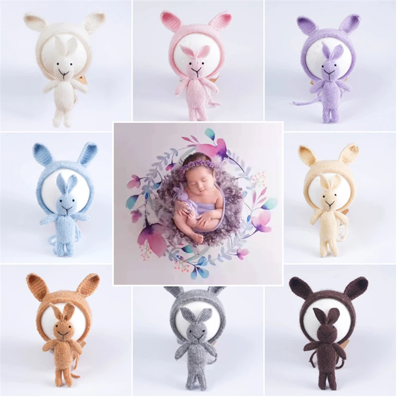 Cute Bunny Hat Doll 2pcs Set Newborn Baby Photography Props Infant Boy Girl Photo Accessories Knitted Bonnet Rabbit Dolls