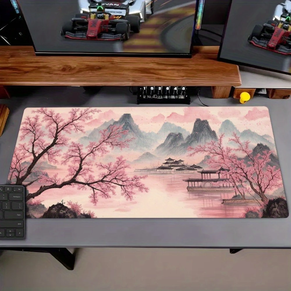 Pink ink-wash landscape non-slip mouse pad and keyboard table mat - Thick base, simple computer desk decoration
