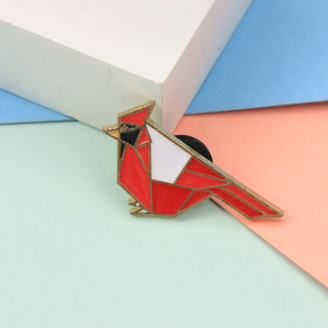 Geometric Red Cardinal Enamel Lapel Pin Origami Wild Bird Metal Badge Backpack Clothes Decor Pin Nature BirdLoverMinimalist Gift