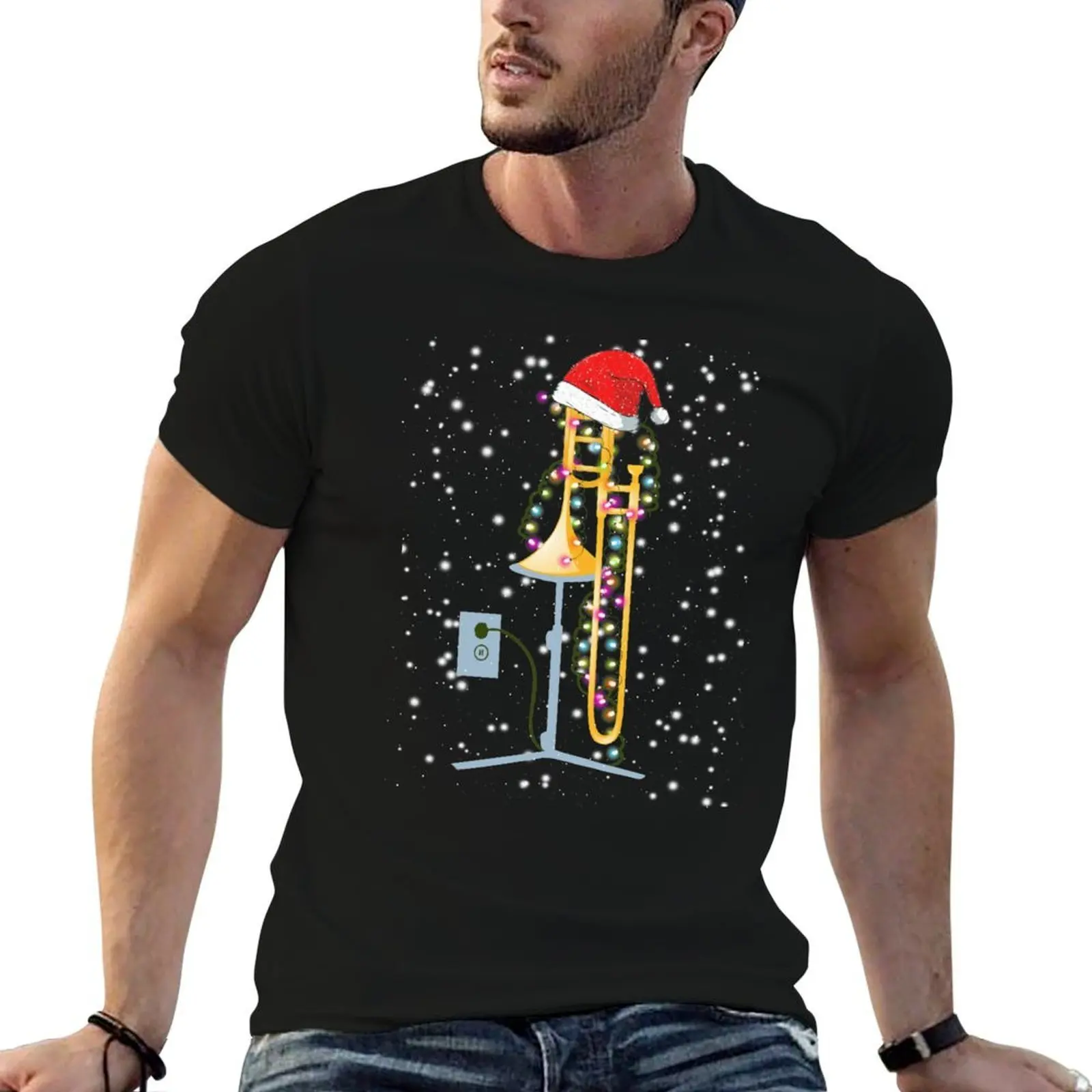 

Christmas Trombone Santa Hat Snow T-Shirt men t shirt cotton 100% t shirts for man cotton T-Shirt