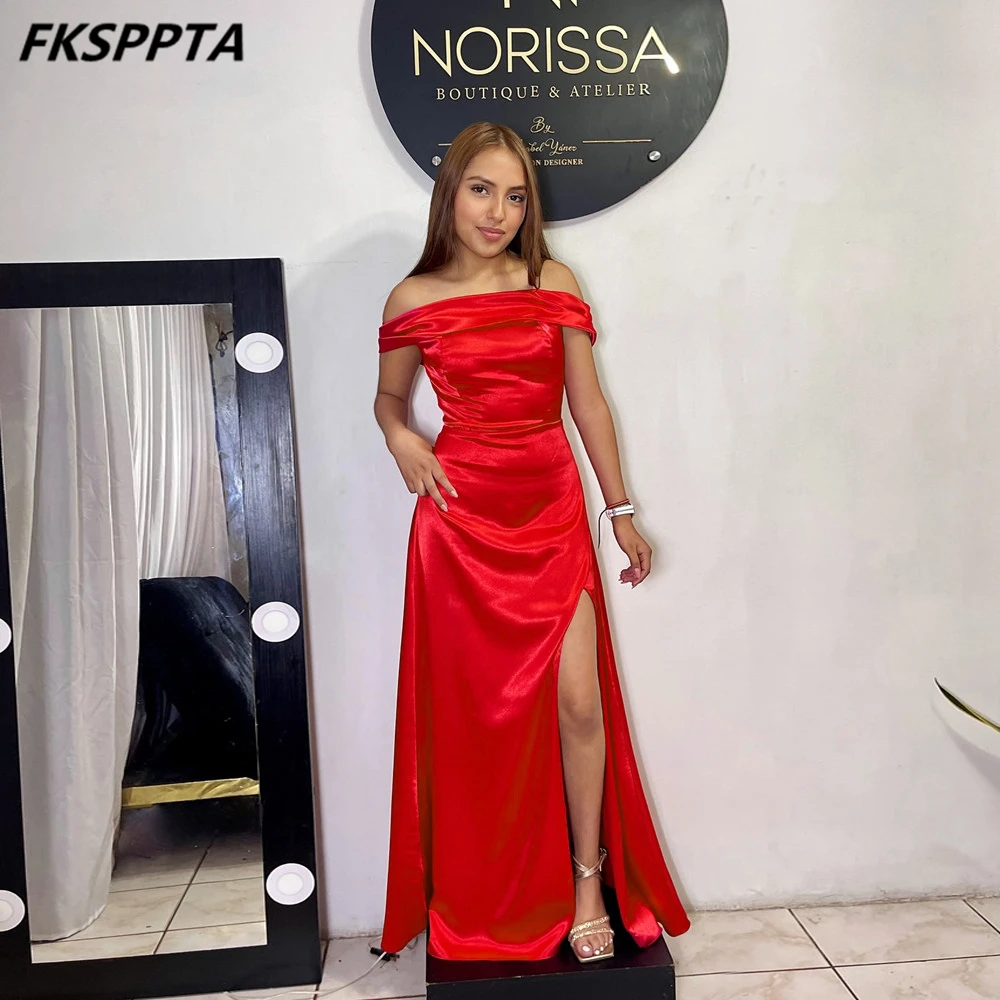 Vestido De noche largo rojo hecho a medida con hombros descubiertos, vestidos De fiesta De graduación brillantes De satén para mujer 2024