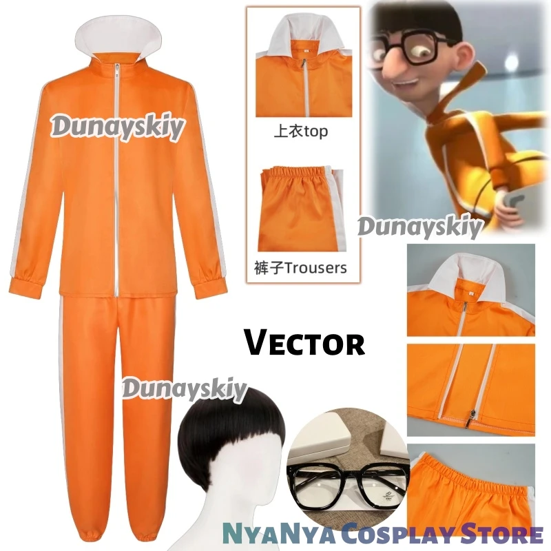 

Movie Vector Cosplay Victor Set Mushroom-shaped Costume Orange Jakect Pant Glasses Wig Outfits Halloween Fancy Suit Party Prop