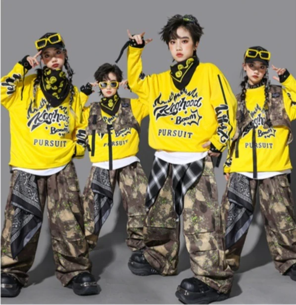 

Желтый допамин для девочек, футболка для уличных танцев, камуфляжные штаны-карго, детские комплекты одежды в стиле хип-хоп, джаз, детская уличная одежда, костюмы K-pop