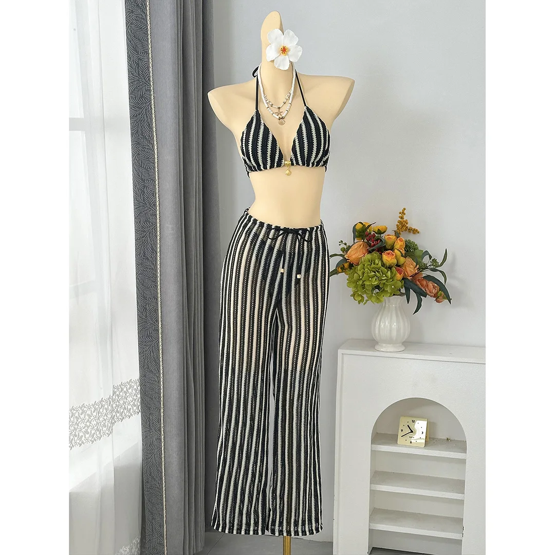 5 Farben mit Hose, gestreifter Neckholder-Bikini, Damen-Badebekleidung, dreiteiliger Bikini-Set, Badeanzug, Badebekleidung, Schwimmbekleidung V7838P – Detail 12