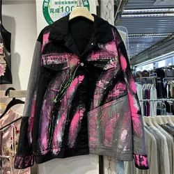 Spring Harajuku Vintage Hand-painted Graffiti Print Denim Jacket Streetwear Casual Patchwork Contrast Color Female Jeans Jacket