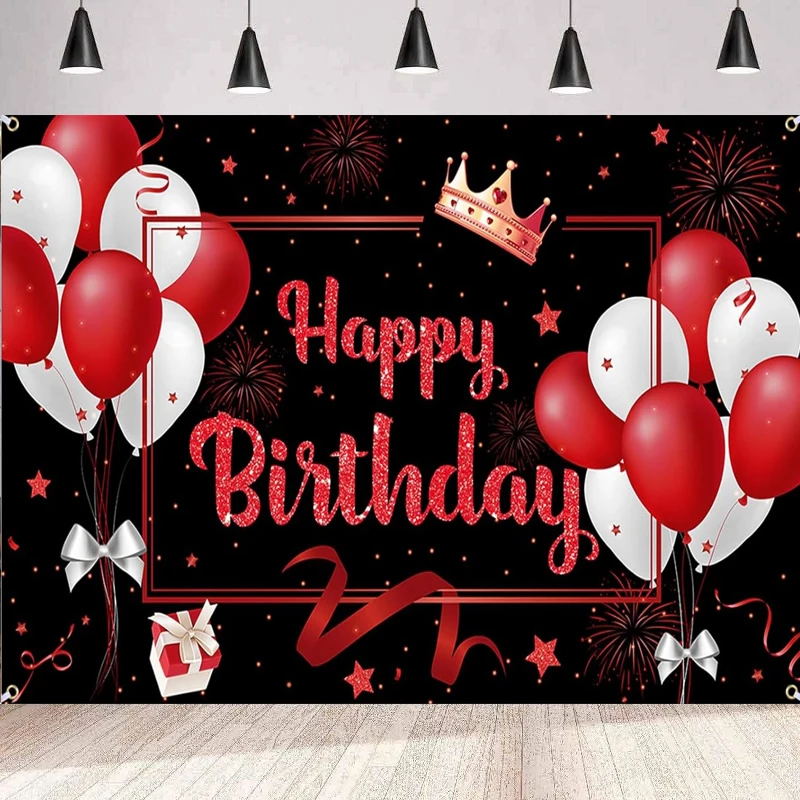 Photography Backdrop Red And Black Banner Happy Birthday Party Balloon Decor Background Wall Poster Banner Decor For Men Women